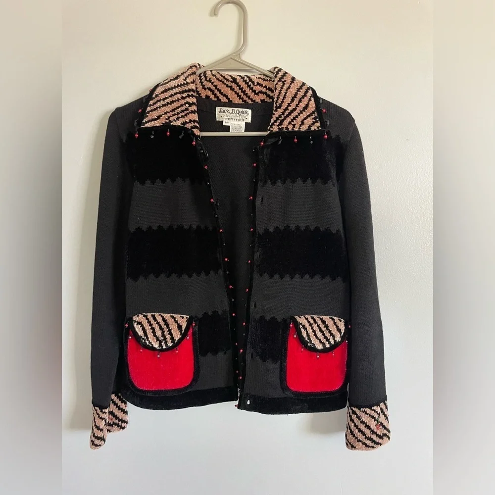 Chenille Petite Black beaded holiday Cardigan buttons chenille Jack B Quick - Picture 1 of 4